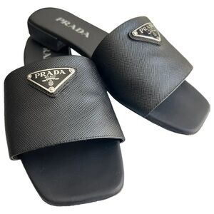 Prada Saffiano Logo Slides in Black, Size 36
